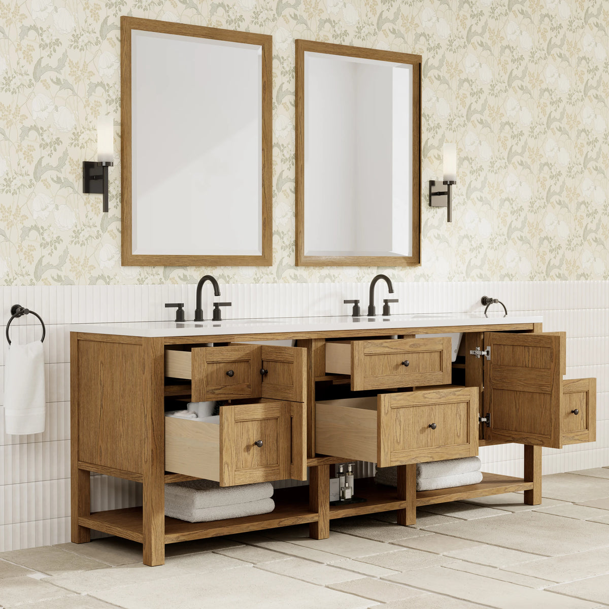 Breckenridge 84" Double Vanity, Light Natural Oak w/ 3 CM White Zeus Top, view 6