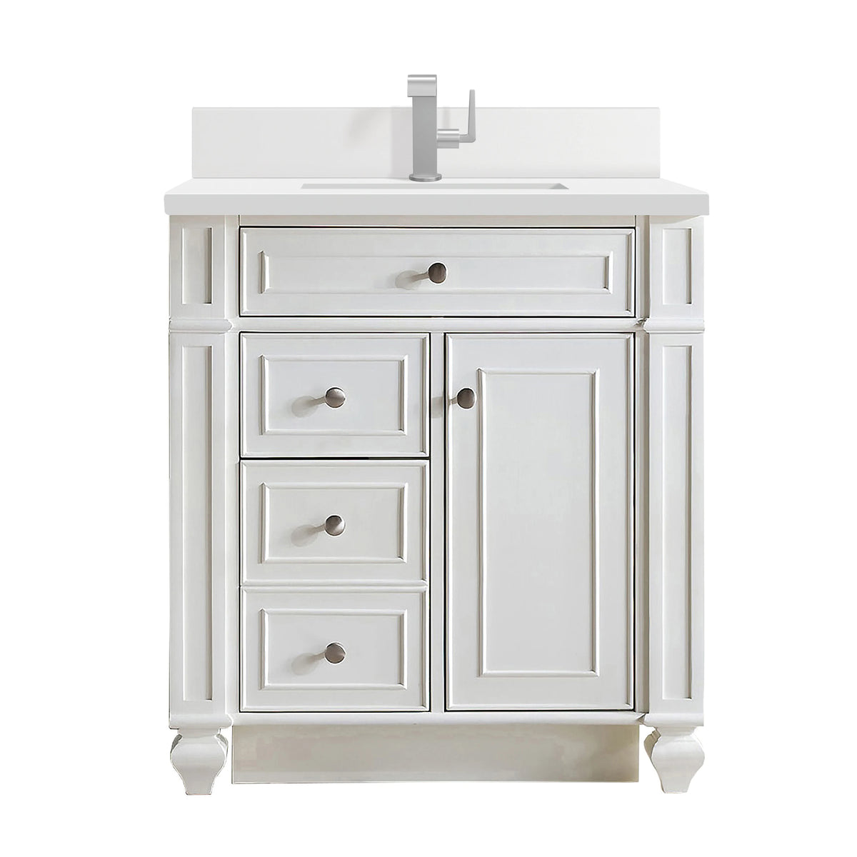 Bristol 30" Single Vanity, Bright White w/ Single Hole 3 CM White Zeus Silestone Top & Backsplash