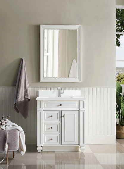 Bristol 30" Single Vanity, Bright White w/ Single Hole 3 CM White Zeus Silestone Top & Backsplash, view 2