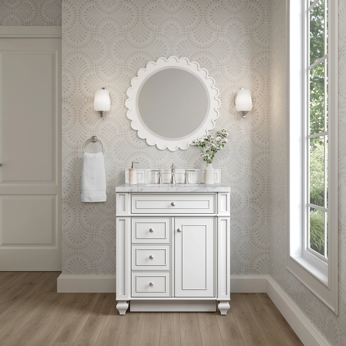 Bristol 30" Single Vanity, Bright White w/ 3 CM Carrara Marble Top, view 2