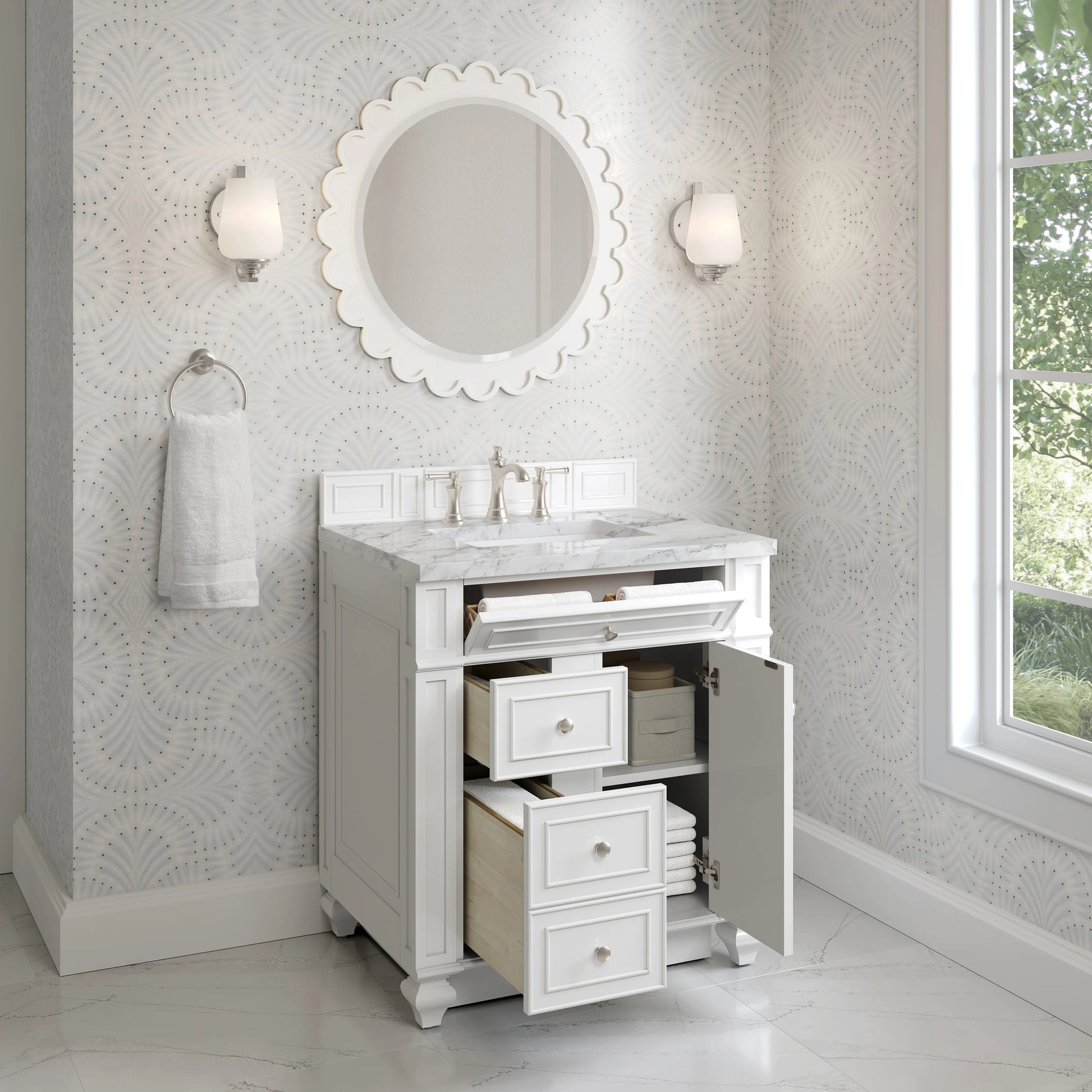 Bristol 30" Single Vanity, Bright White w/ 3 CM Carrara Marble Top, view 4