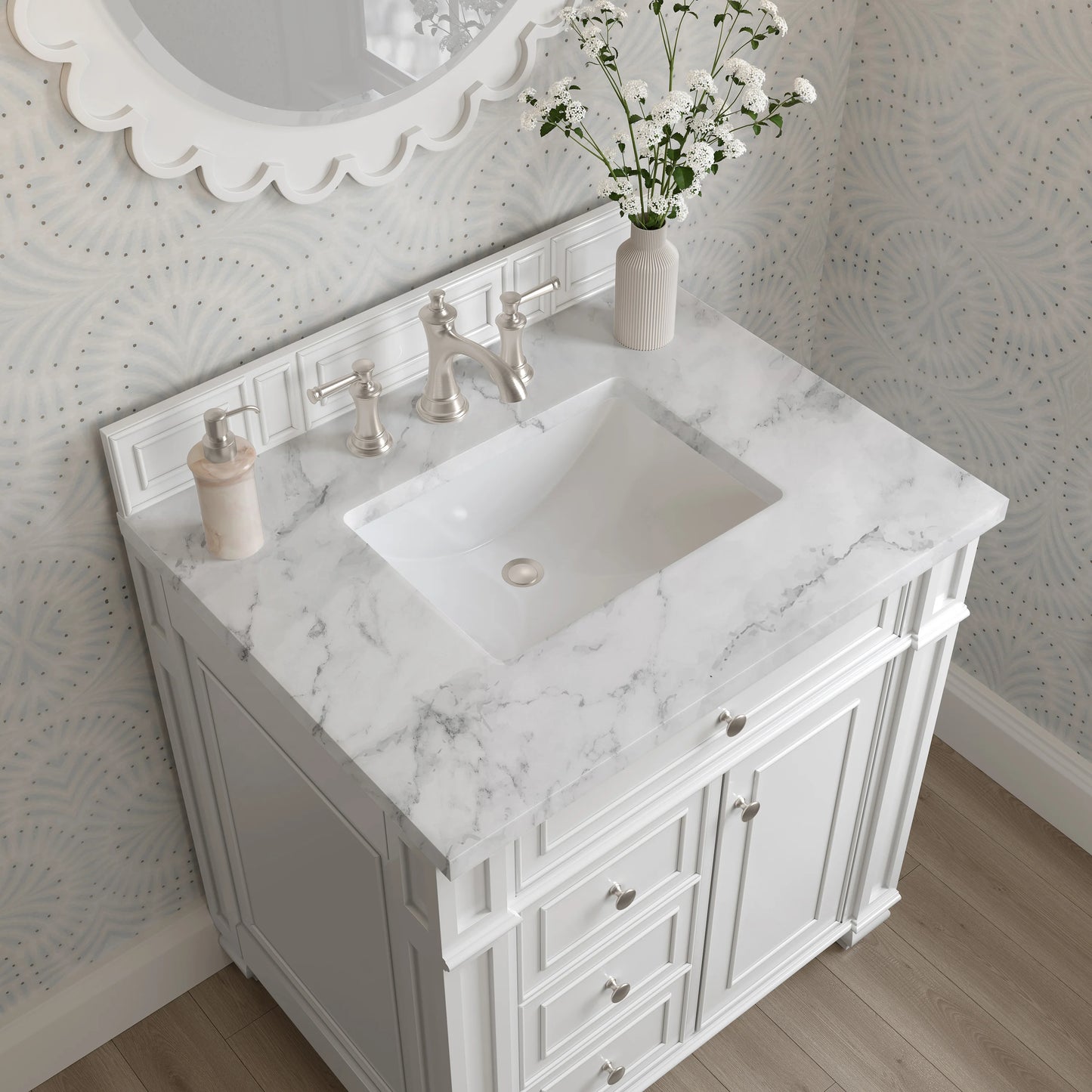 Bristol 30" Single Vanity, Bright White w/ 3 CM Carrara Marble Top, view 5