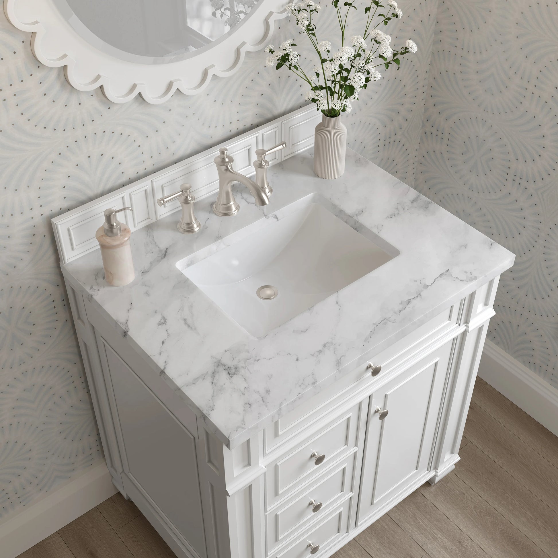 Bristol 30" Single Vanity, Bright White w/ 3 CM Carrara Marble Top, view 5