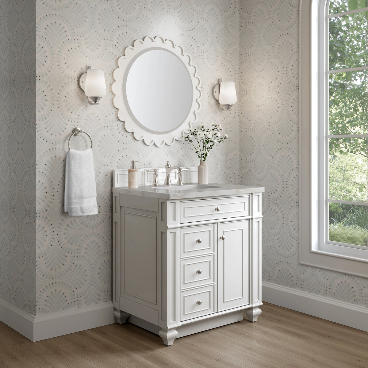 Bristol 30" Single Vanity, Bright White w/ 3 CM Victorian Silver Silestone Top, view 3