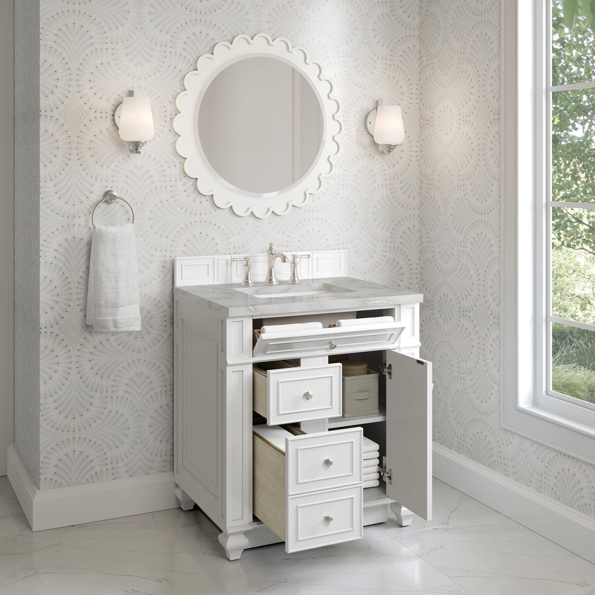 Bristol 30" Single Vanity, Bright White w/ 3 CM Victorian Silver Silestone Top, view 4