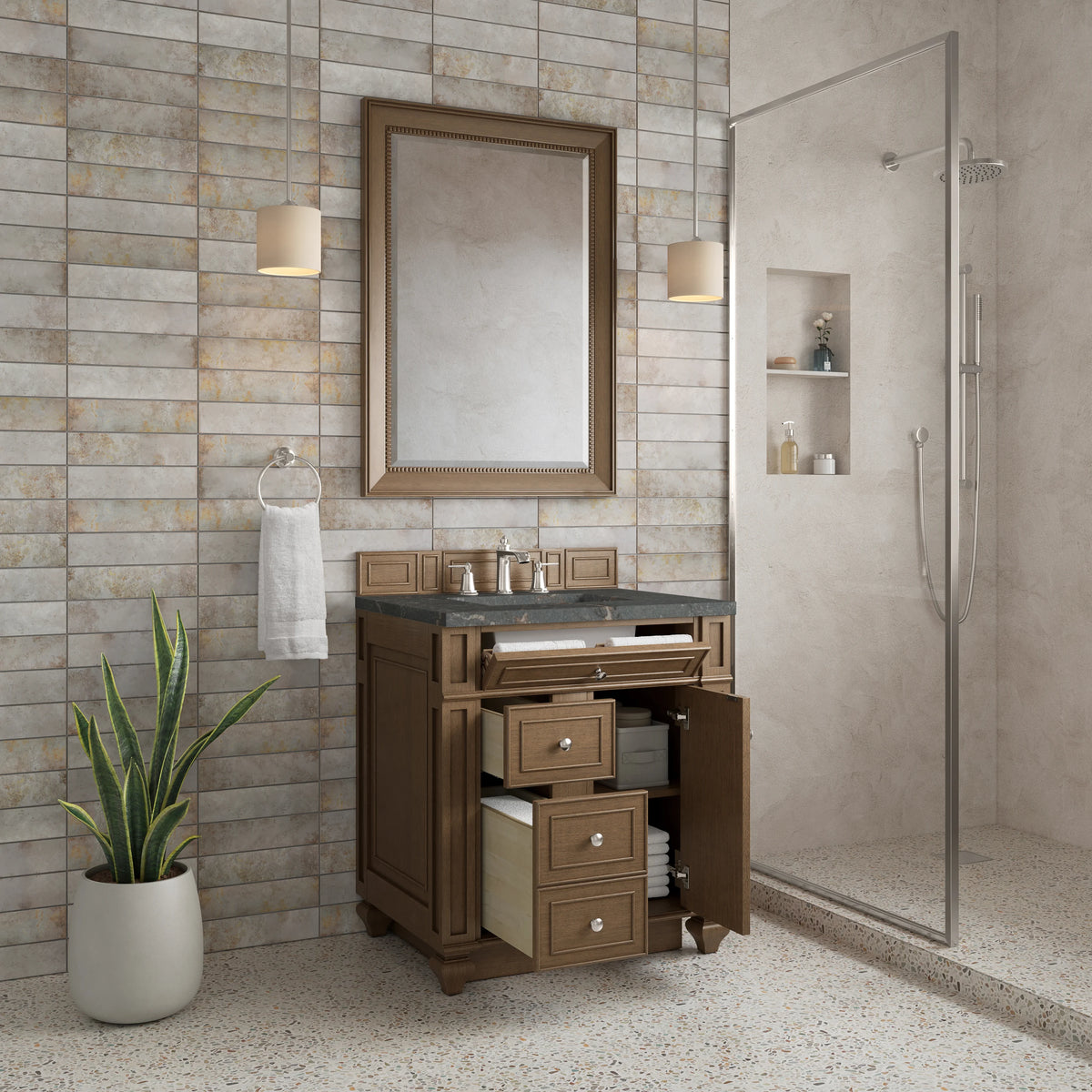Bristol 30" Single Vanity, Saddle Brown w/ 3 CM Parisien Bleu Silestone Top, view 4