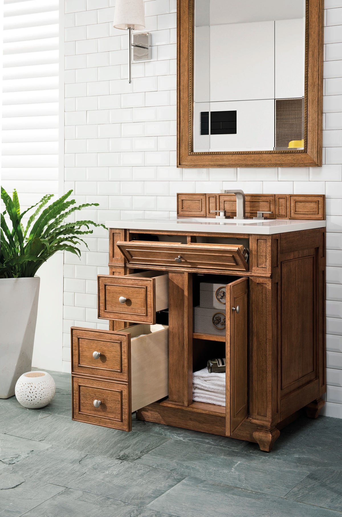 Bristol 30" Single Vanity, Saddle Brown w/ 3 CM White Zeus Silestone Top, view 4