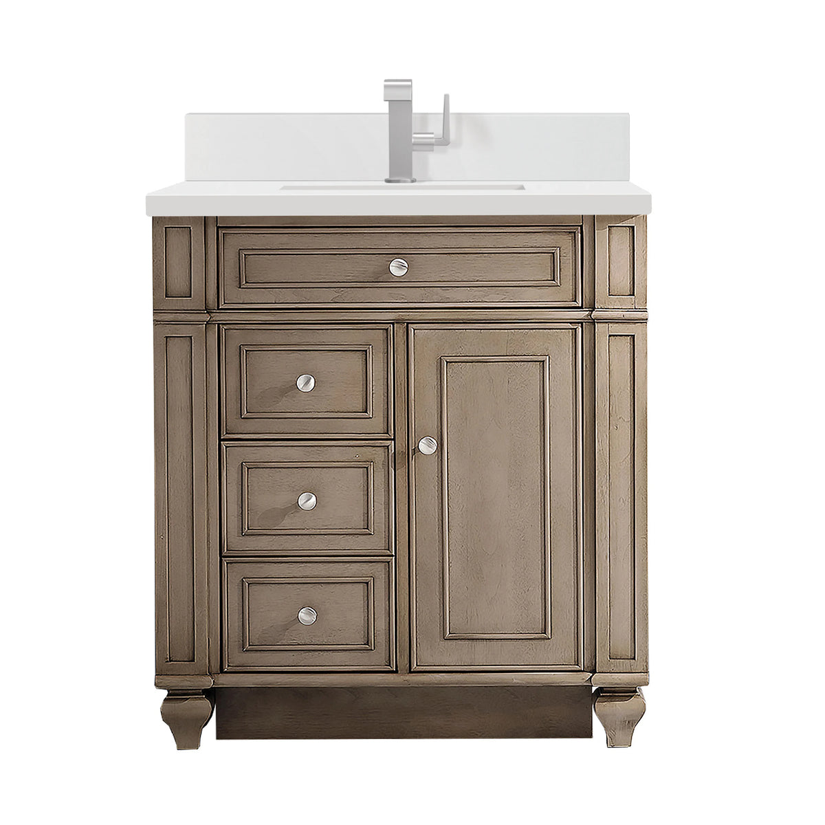 Bristol 30" Single Vanity, Whitewashed Walnut w/ Single Hole 3 CM White Zeus Silestone Top & Backsplash