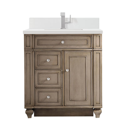 Bristol 30" Single Vanity, Whitewashed Walnut w/ Single Hole 3 CM White Zeus Silestone Top & Backsplash
