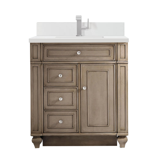 Bristol 30" Single Vanity, Whitewashed Walnut w/ Single Hole 3 CM White Zeus Silestone Top & Backsplash