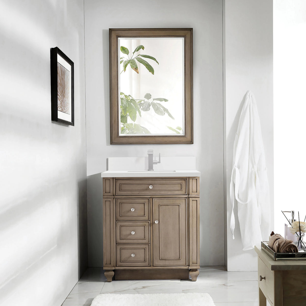 Bristol 30" Single Vanity, Whitewashed Walnut w/ Single Hole 3 CM White Zeus Silestone Top & Backsplash, view 2