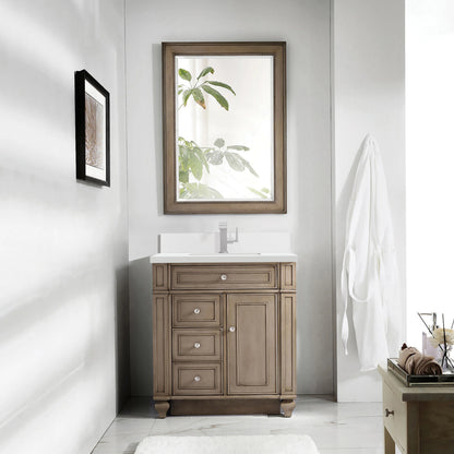 Bristol 30" Single Vanity, Whitewashed Walnut w/ Single Hole 3 CM White Zeus Silestone Top & Backsplash, view 2