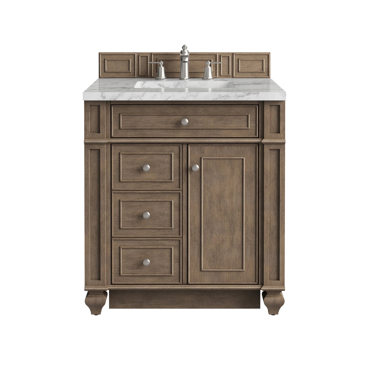 Bristol 30" Single Vanity, Whitewashed Walnut w/ 3 CM Carrara Marble Top