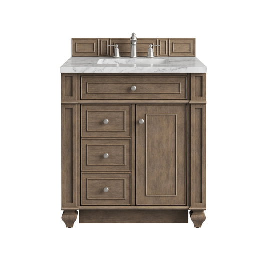 Bristol 30" Single Vanity, Whitewashed Walnut w/ 3 CM Carrara Marble Top