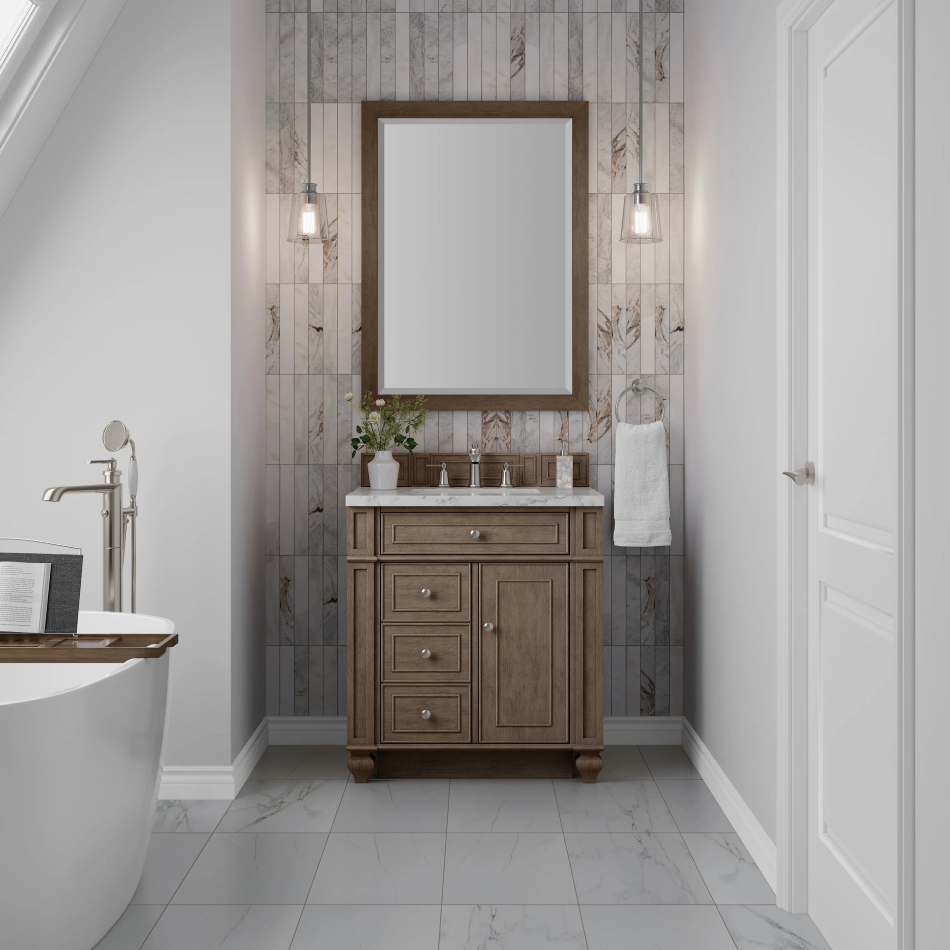 Bristol 30" Single Vanity, Whitewashed Walnut w/ 3 CM Carrara Marble Top, view 2