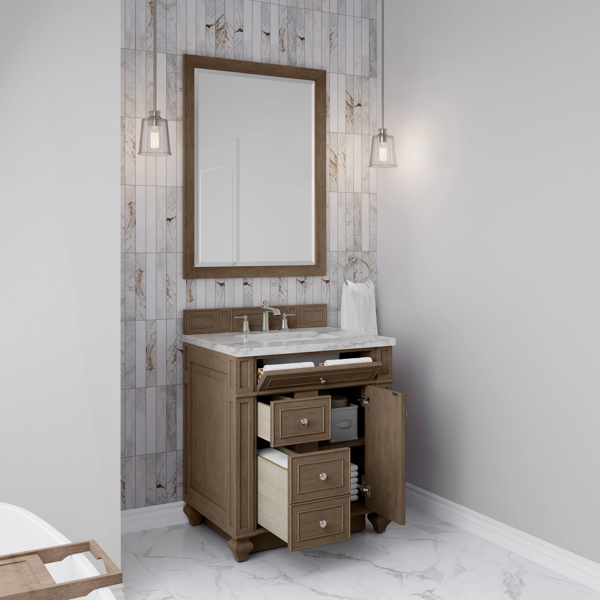 Bristol 30" Single Vanity, Whitewashed Walnut w/ 3 CM Carrara Marble Top, view 4