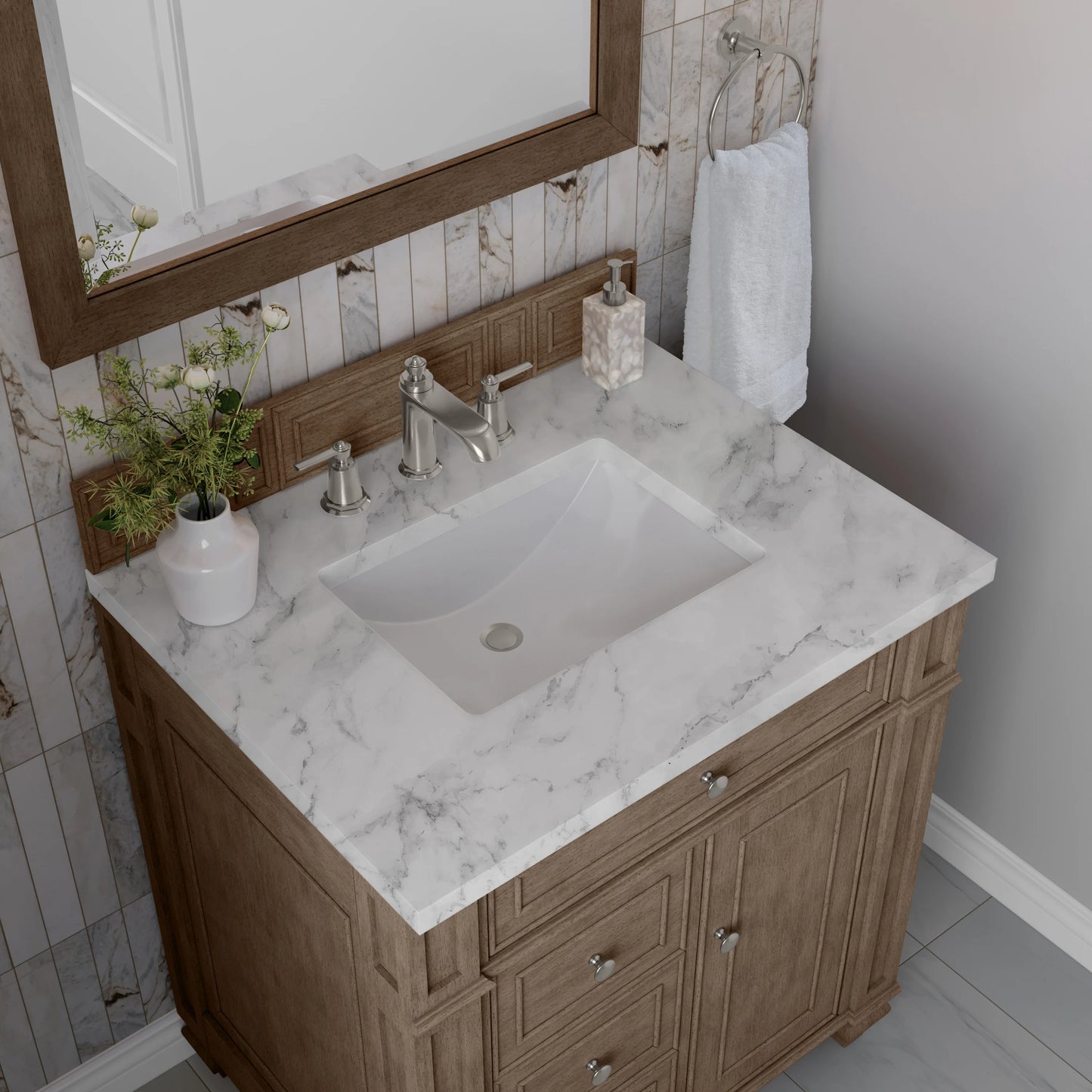 Bristol 30" Single Vanity, Whitewashed Walnut w/ 3 CM Carrara Marble Top, view 5