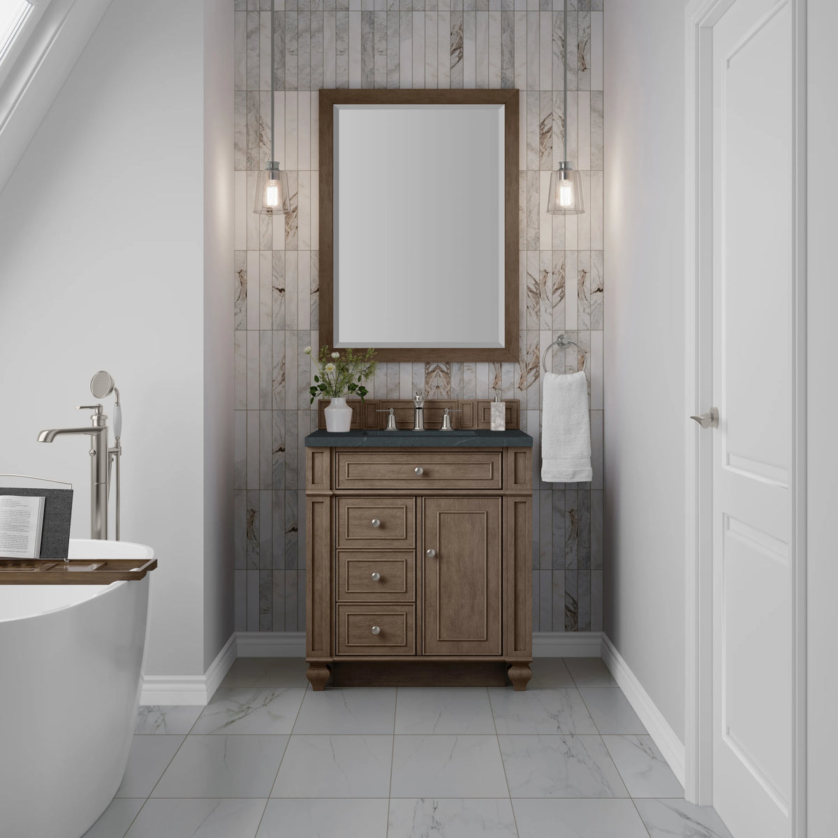 Bristol 30" Single Vanity, Whitewashed Walnut w/ 3 CM Charcoal Soapstone Silestone Top, view 2