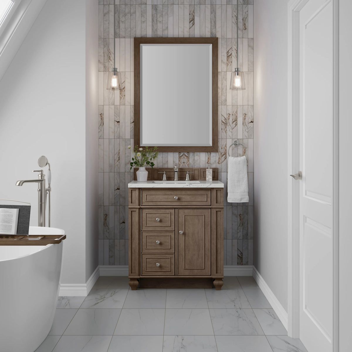 Bristol 30" Single Vanity, Whitewashed Walnut w/ 3 CM Ethereal Noctis Silestone Top, view 2