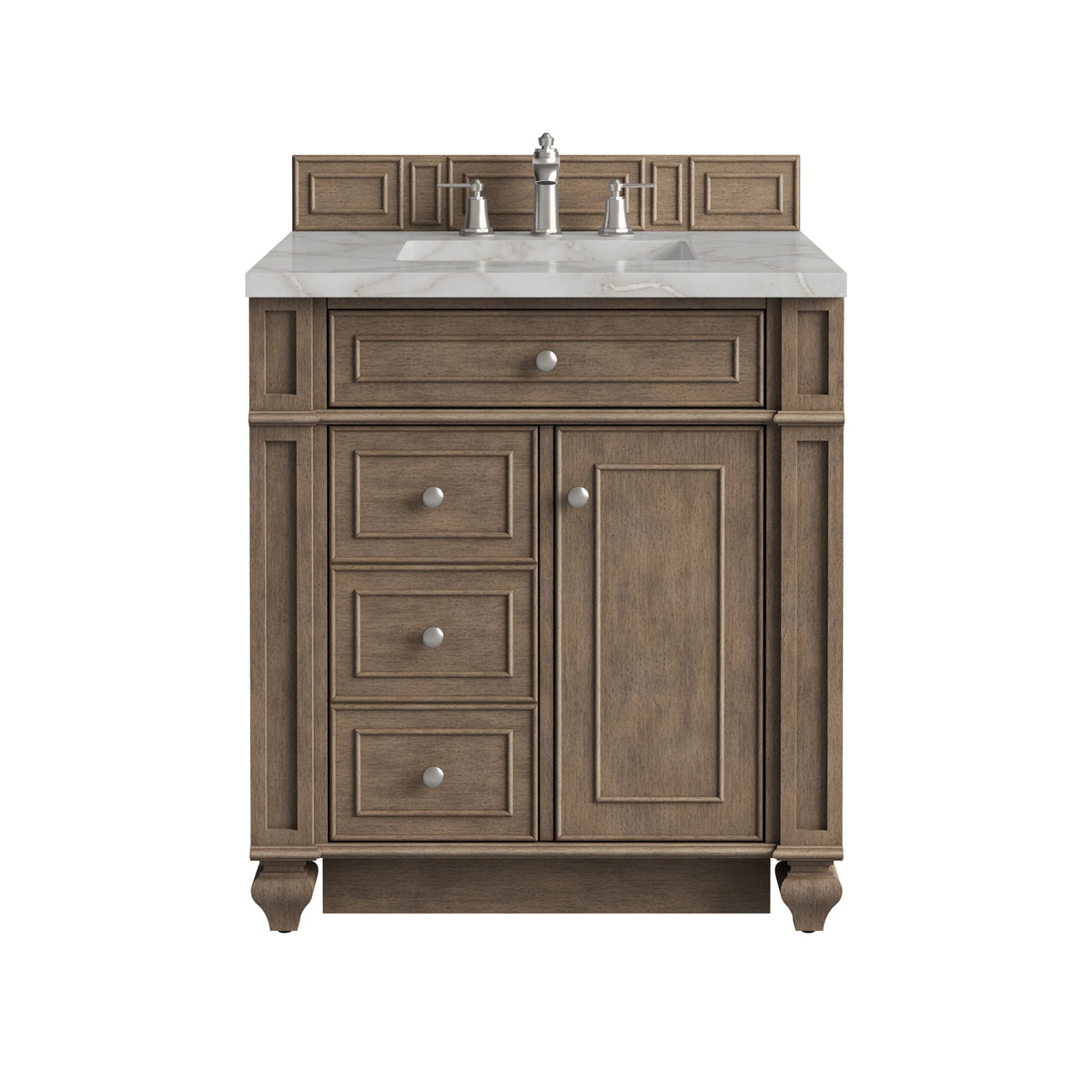 Bristol 30" Single Vanity, Whitewashed Walnut w/ 3 CM Victorian Silver Silestone Top