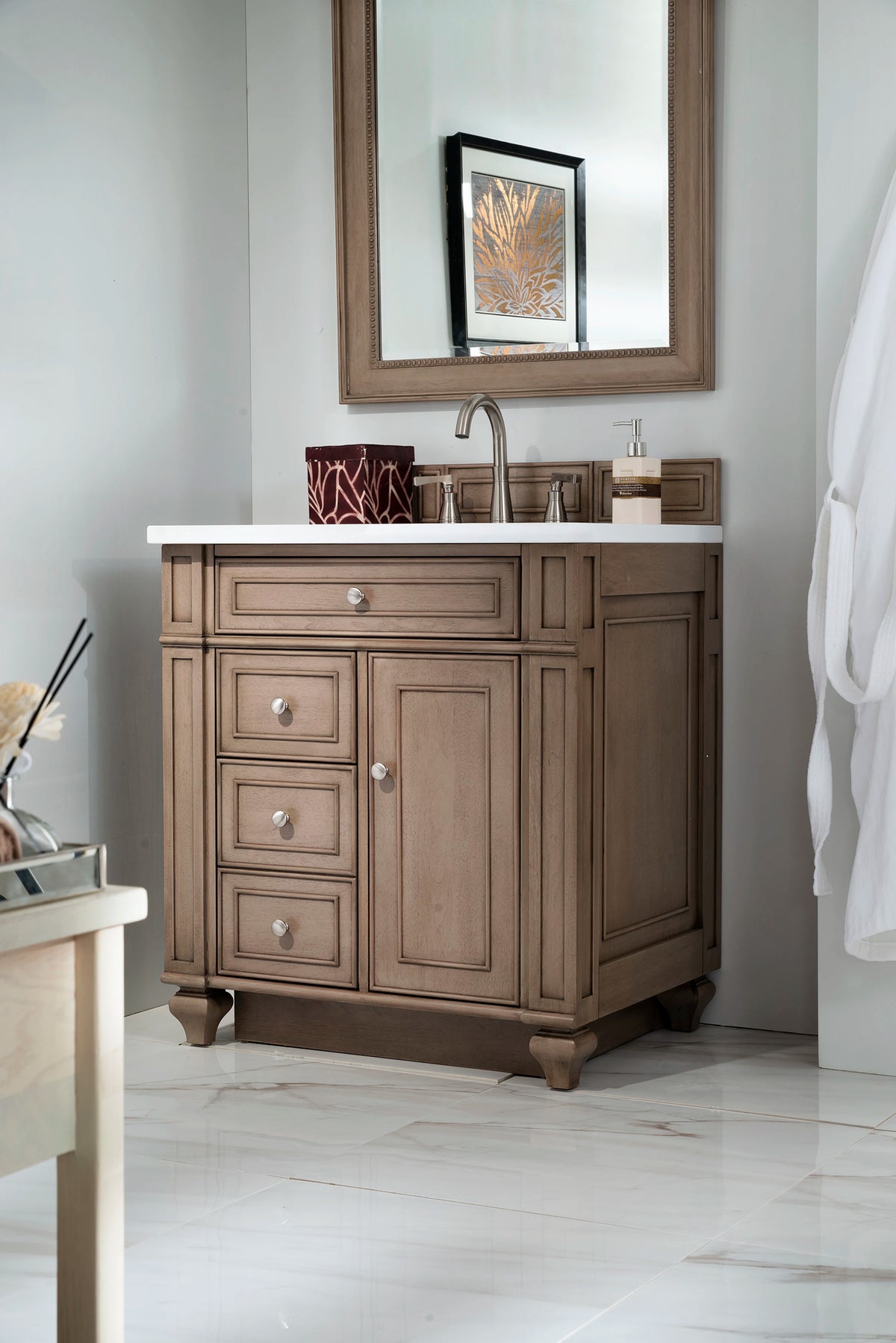 Bristol 30" Single Vanity, Whitewashed Walnut w/ 3 CM White Zeus Silestone Top, view 3