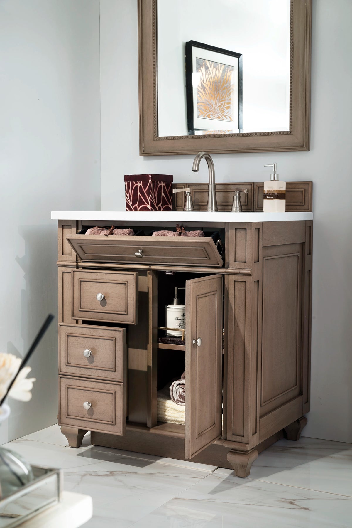 Bristol 30" Single Vanity, Whitewashed Walnut w/ 3 CM White Zeus Silestone Top, view 4