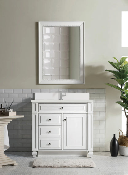 Bristol 36" Single Vanity, Bright White w/ Single Hole 3 CM White Zeus Silestone Top & Backsplash, view 2