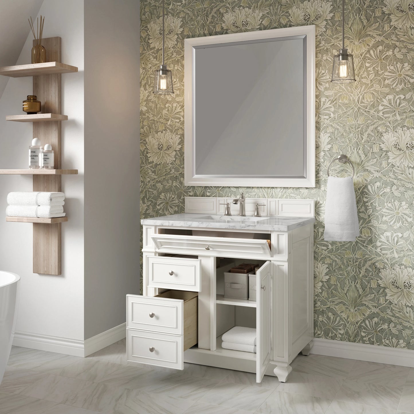 Bristol 36" Single Vanity, Bright White w/ 3 CM Carrara Marble Top, view 4