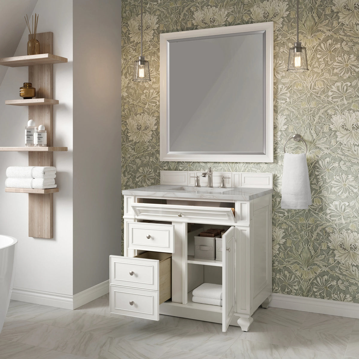 Bristol 36" Single Vanity, Bright White w/ 3 CM Victorian Silver Silestone Top, view 4
