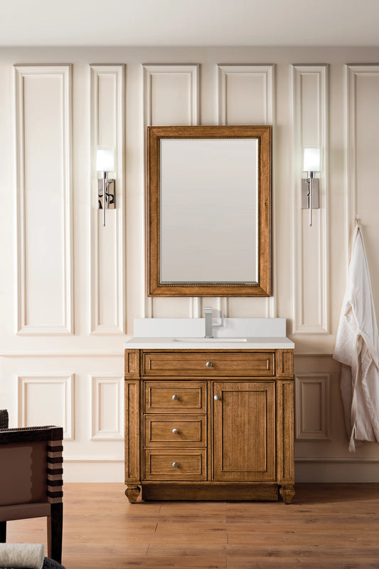 Bristol 36" Single Vanity, Saddle Brown w/ Single Hole 3 CM White Zeus Silestone Top & Backsplash, view 2