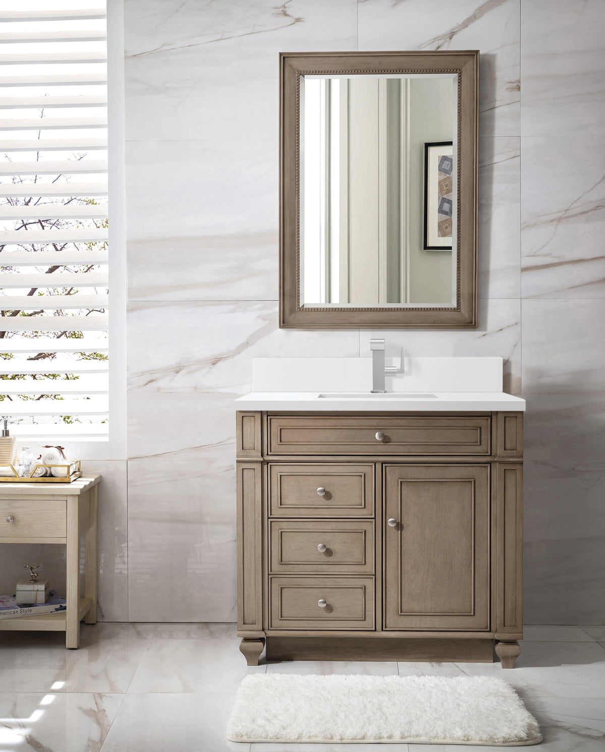 Bristol 36" Single Vanity, Whitewashed Walnut w/ Single Hole 3 CM White Zeus Silestone Top & Backsplash, view 2