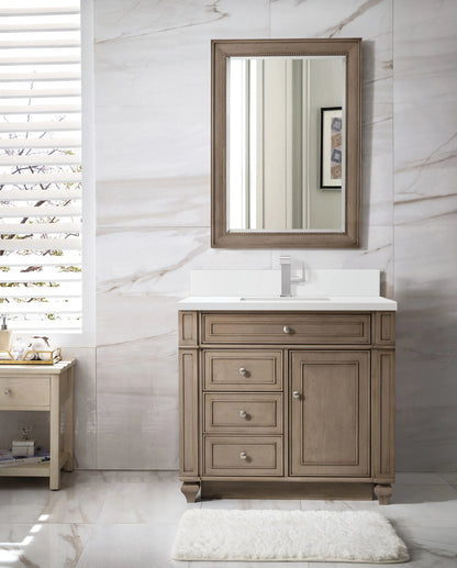 Bristol 36" Single Vanity, Whitewashed Walnut w/ Single Hole 3 CM White Zeus Silestone Top & Backsplash, view 2