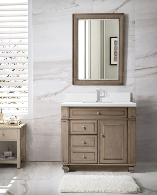 Bristol 36" Single Vanity, Whitewashed Walnut w/ Single Hole 3 CM White Zeus Silestone Top & Backsplash, view 2