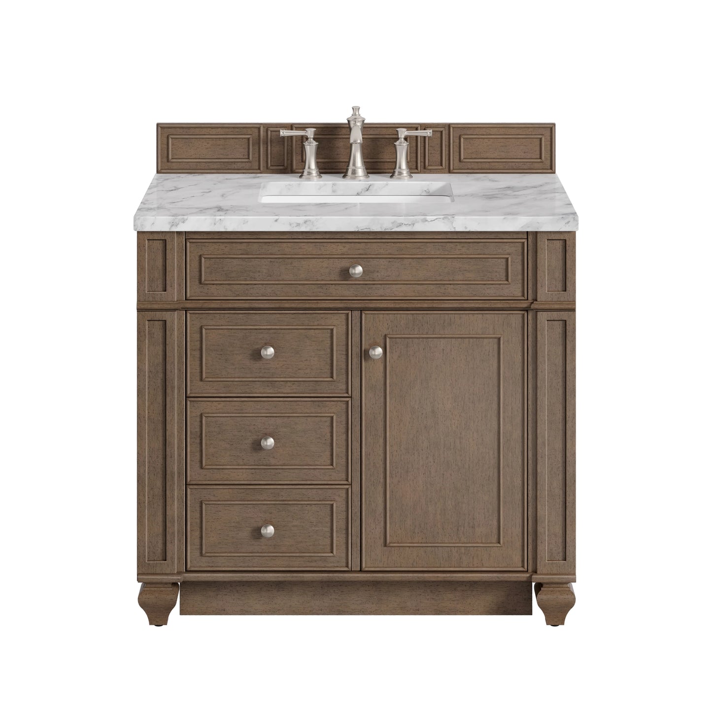 Bristol 36" Single Vanity, Whitewashed Walnut w/ 3 CM Carrara Marble Top