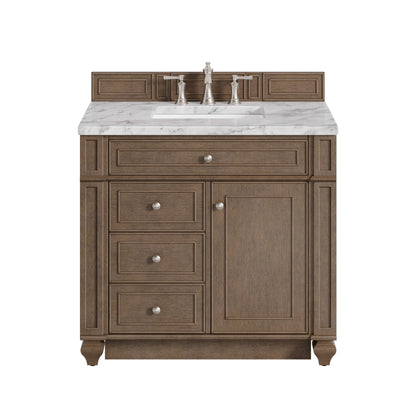 Bristol 36" Single Vanity, Whitewashed Walnut w/ 3 CM Carrara Marble Top
