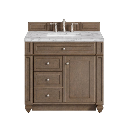 Bristol 36" Single Vanity, Whitewashed Walnut w/ 3 CM Carrara Marble Top