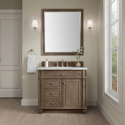 Bristol 36" Single Vanity, Whitewashed Walnut w/ 3 CM Carrara Marble Top, view 2