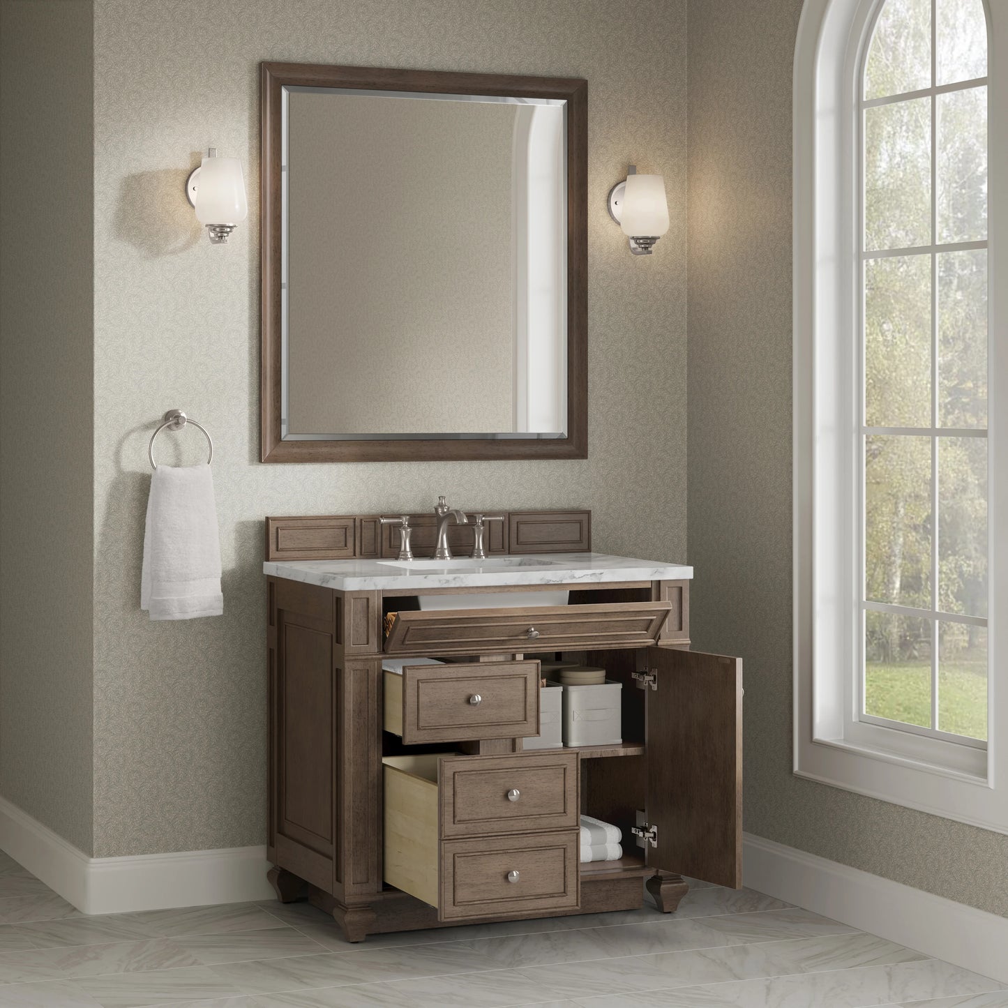 Bristol 36" Single Vanity, Whitewashed Walnut w/ 3 CM Carrara Marble Top, view 4