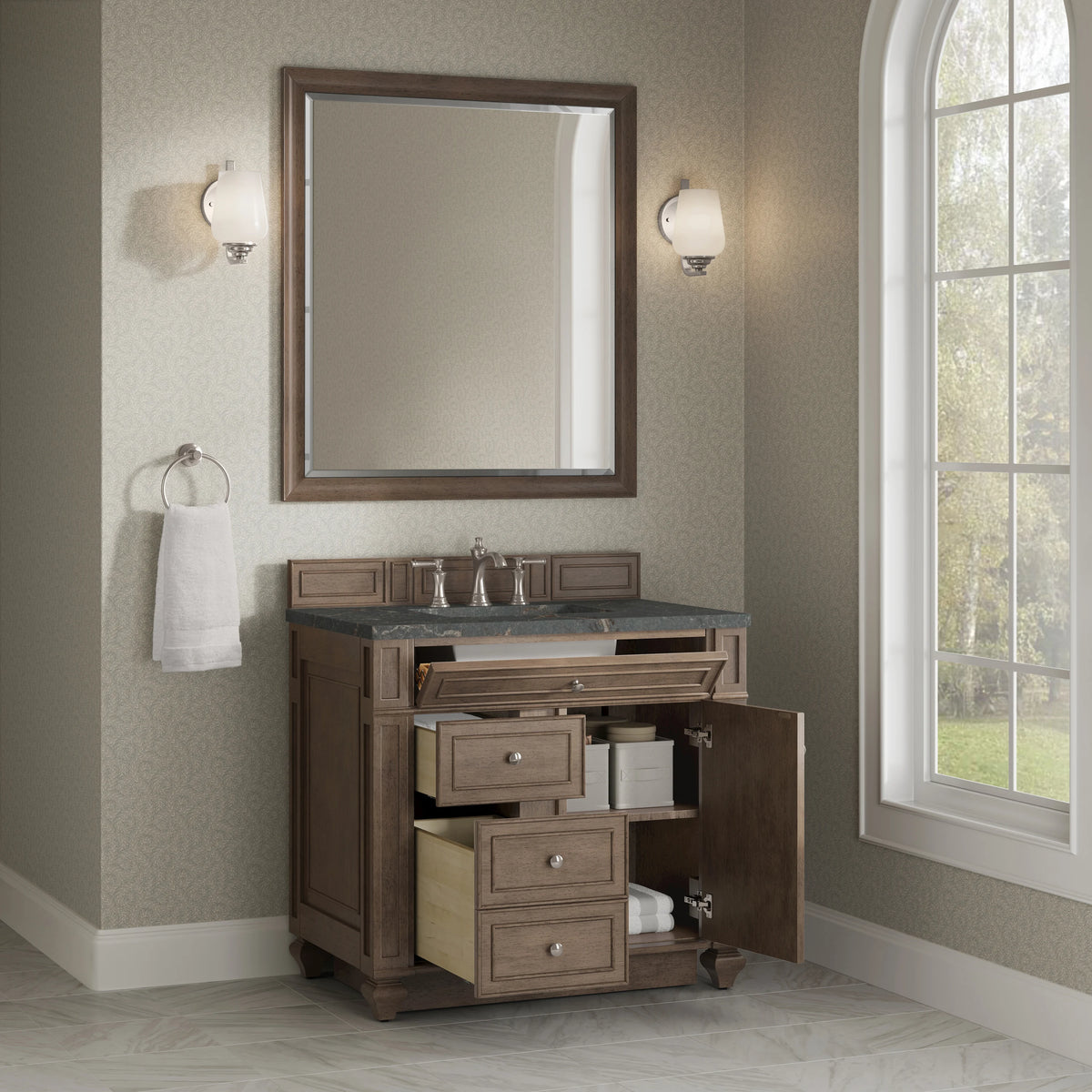 Bristol 36" Single Vanity, Whitewashed Walnut w/ 3 CM Parisien Bleu Silestone Top, view 4
