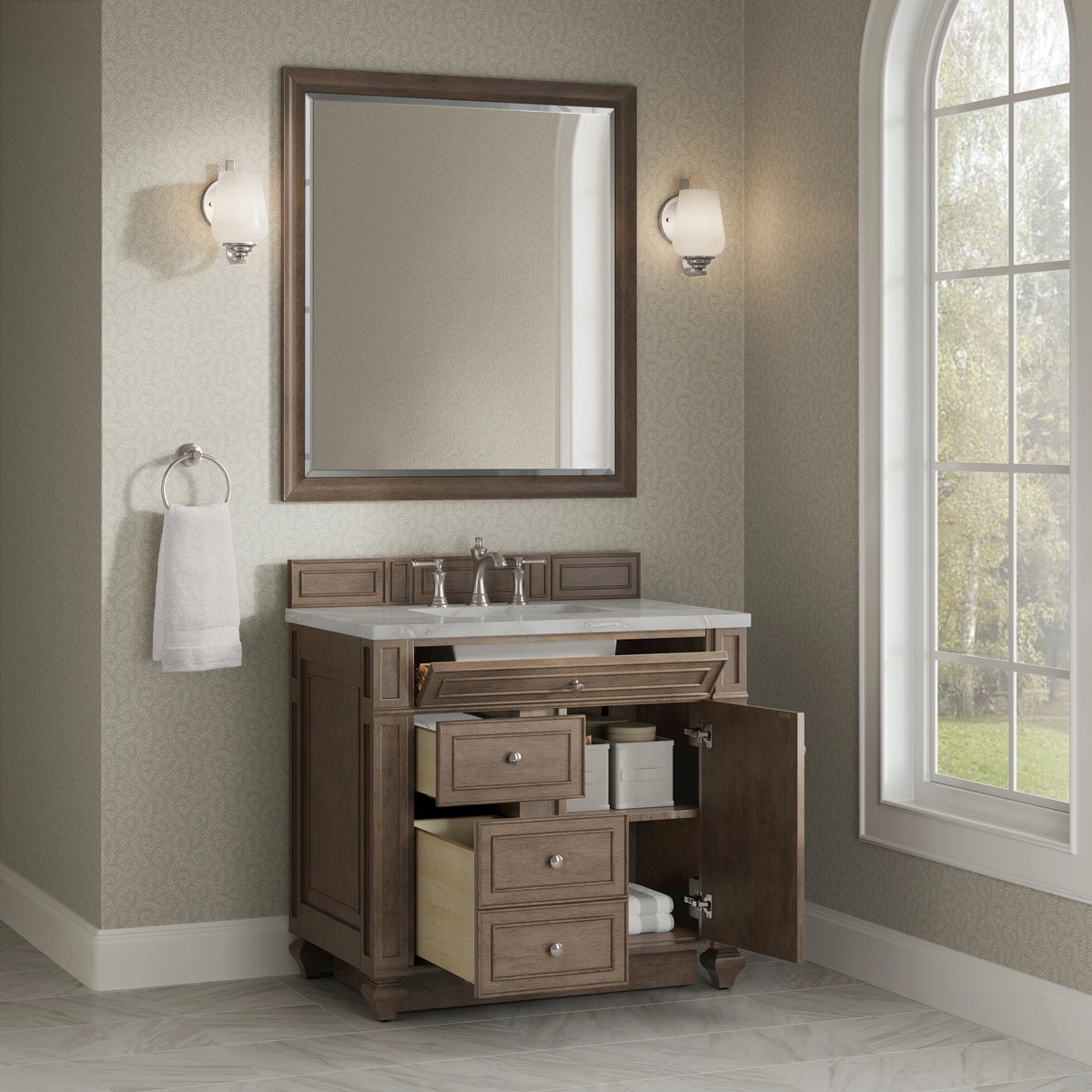 Bristol 36" Single Vanity, Whitewashed Walnut w/ 3 CM Victorian Silver Silestone Top, view 4