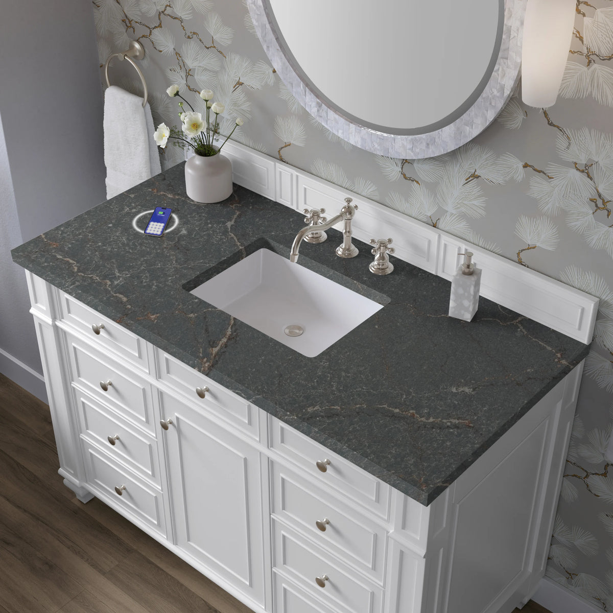 Bristol 48" Single Vanity, Bright White w/ 3 CM Parisien Bleu Silestone Top w/ FreePower Wireless Charger, view 8