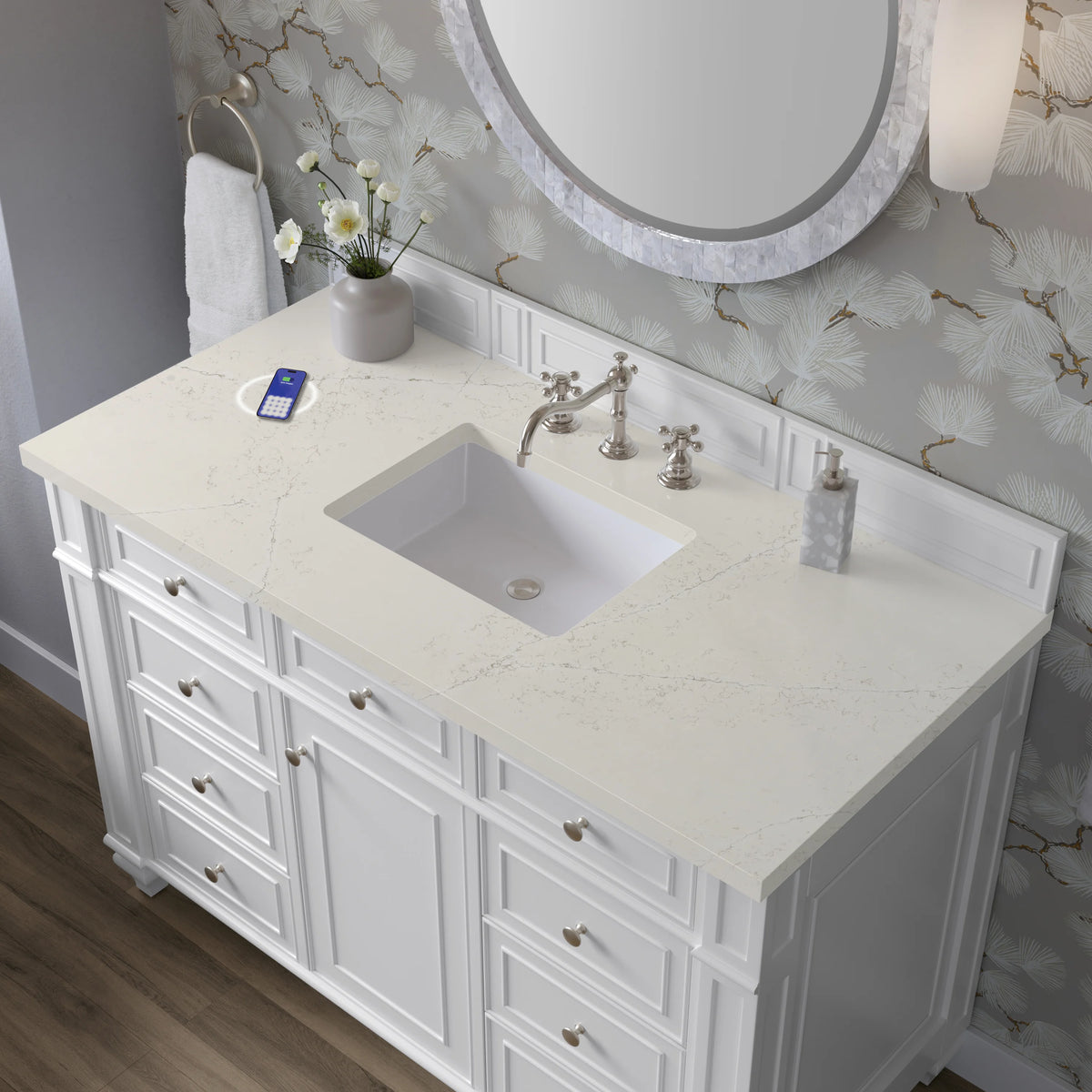 Bristol 48" Single Vanity, Bright White, w/ 3 CM Siberian Silestone Top w/FreePower Wireless Charger, view 7
