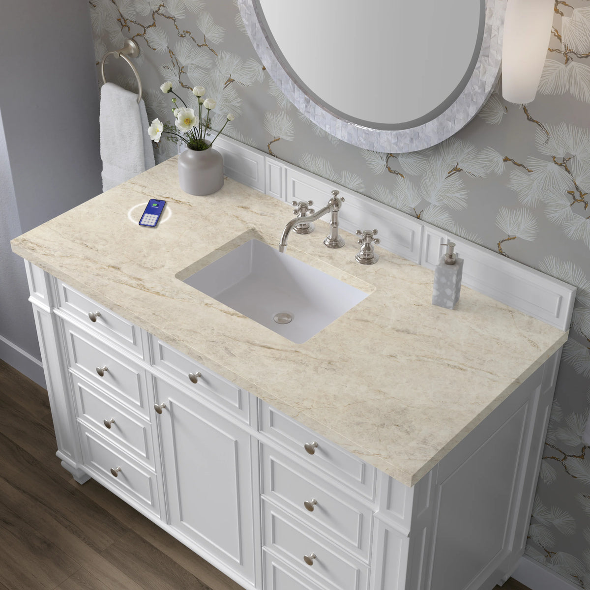 Bristol 48" Single Vanity, Bright White, w/ 3 CM Tajnar Eclos Top w/FreePower Wireless Charger, view 7