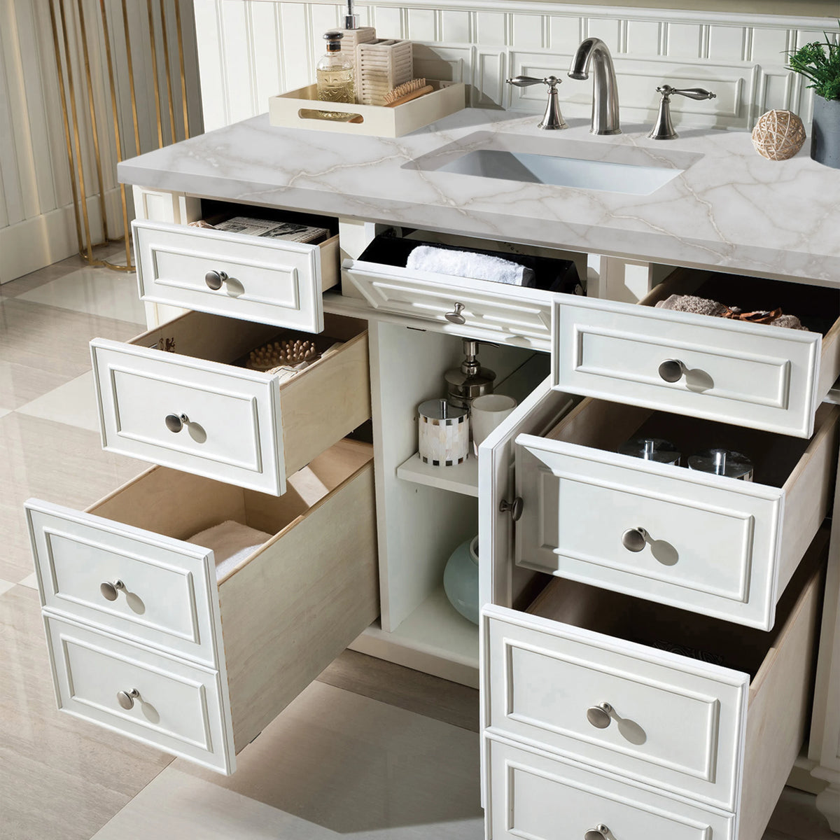 Bristol 48" Single Vanity, Bright White w/ 3 CM Victorian Silver Silestone Top w/ FreePower Wireless Charger, view 7