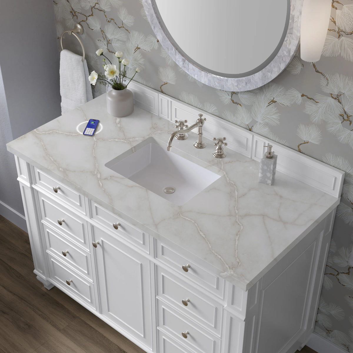Bristol 48" Single Vanity, Bright White w/ 3 CM Victorian Silver Silestone Top w/ FreePower Wireless Charger, view 8