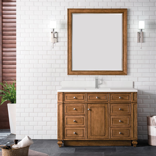 Bristol 48" Single Vanity, Saddle Brown w/ Single Hole 3 CM White Zeus Silestone Top & Backsplash, view 2