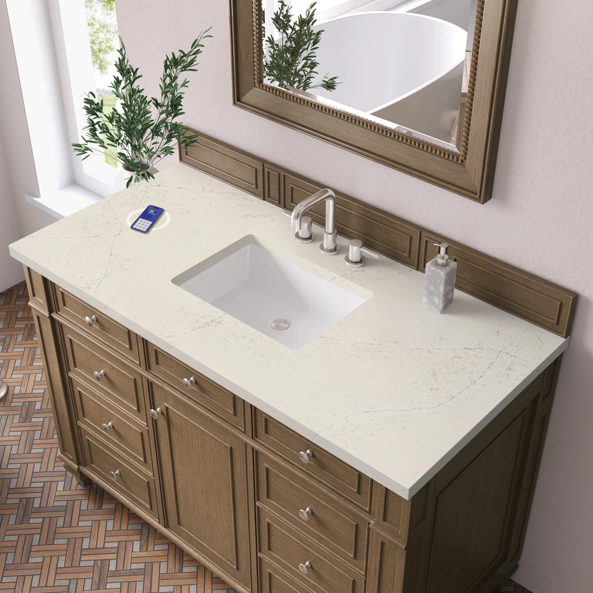Bristol 48" Single Vanity, Saddle Brown, w/ 3 CM Siberian Silestone Top w/FreePower Wireless Charger, view 7