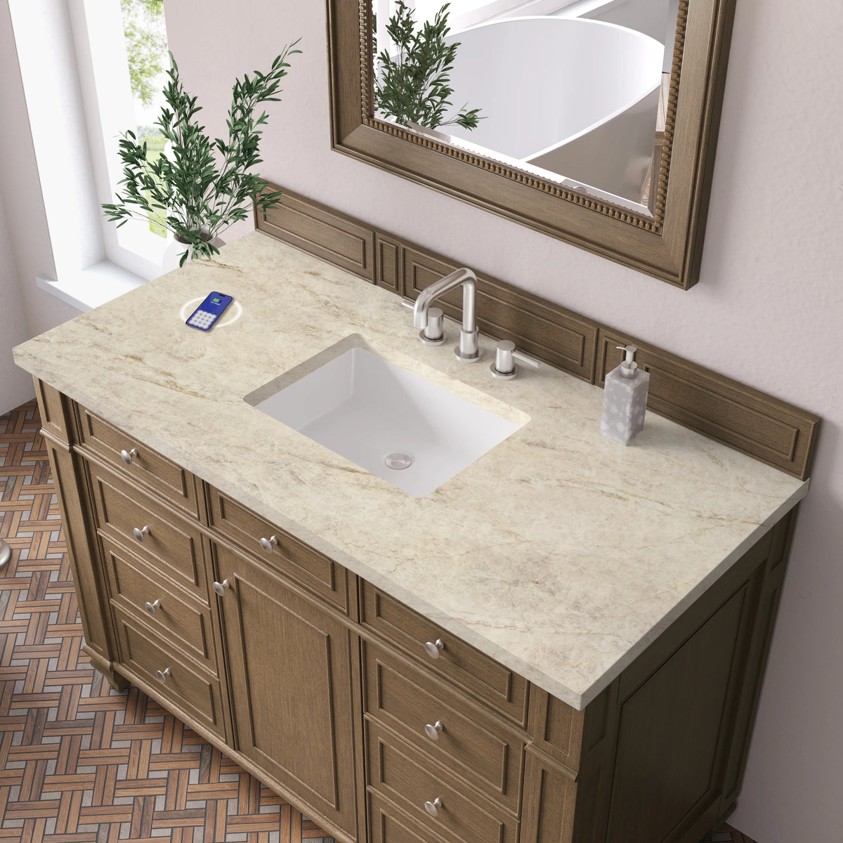 Bristol 48" Single Vanity, Saddle Brown, w/ 3 CM Tajnar Eclos Top w/FreePower Wireless Charger, view 7