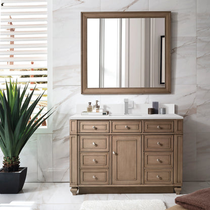 Bristol 48" Single Vanity, Whitewashed Walnut w/ Single Hole 3 CM White Zeus Silestone Top & Backsplash, view 2