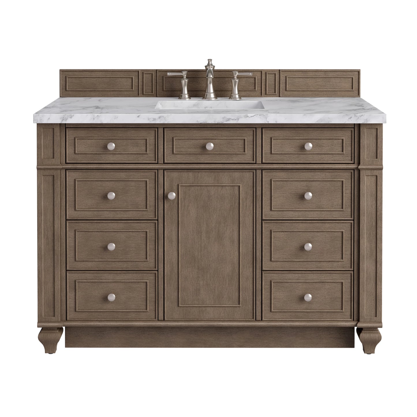 Bristol 48" Single Vanity, Whitewashed Walnut w/ 3 CM Carrara Marble Top